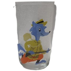 🍒 Vintage Cartoon Running Blue Wolf France Drinking Glass Kids